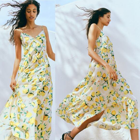 H&M Tiered Maxi Dress XS Womens Lemon Print Strappy Sundress Summer Resort Fruit - Picture 1 of 8